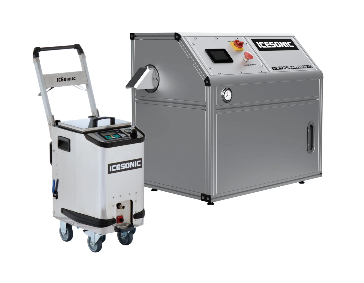 ICEsonic SMART IND dry ice blaster in front of a DIP 50 pelletizer